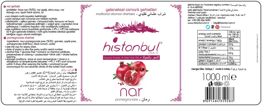 histanbul pomegranate sherbet 1 l label: ingredients and nutrition per 100 ml